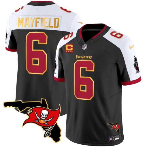 Men's Tampa Bay Buccaneers #6 Baker Mayfield Black/White With Florida Patch Gold Trim Vapor Football Stitched Jersey